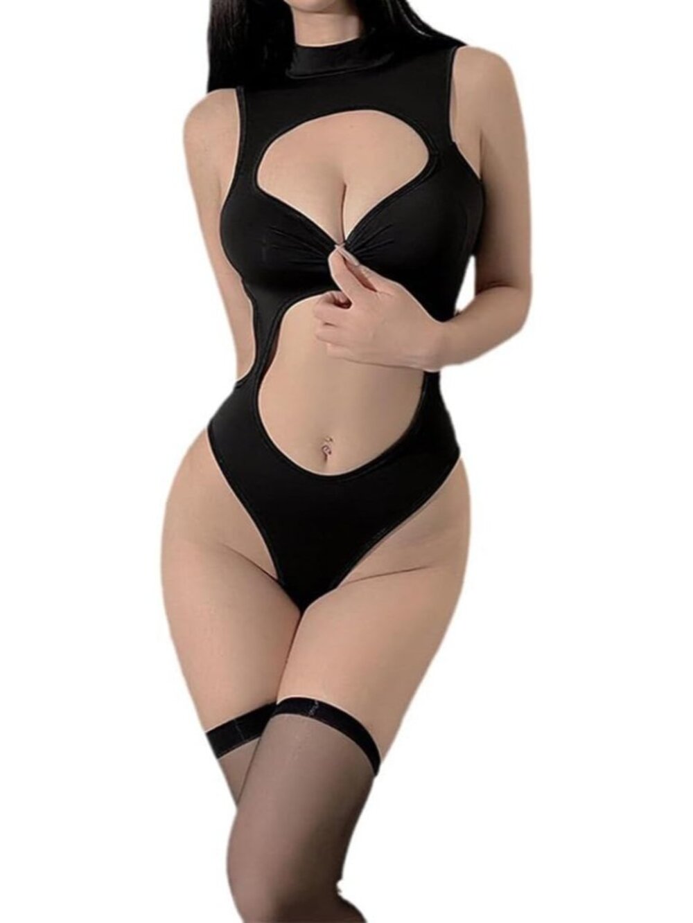 Women's Black Hollowed Out Bodycon Catsuit Cosplay Costume Tight Jumpsuit
